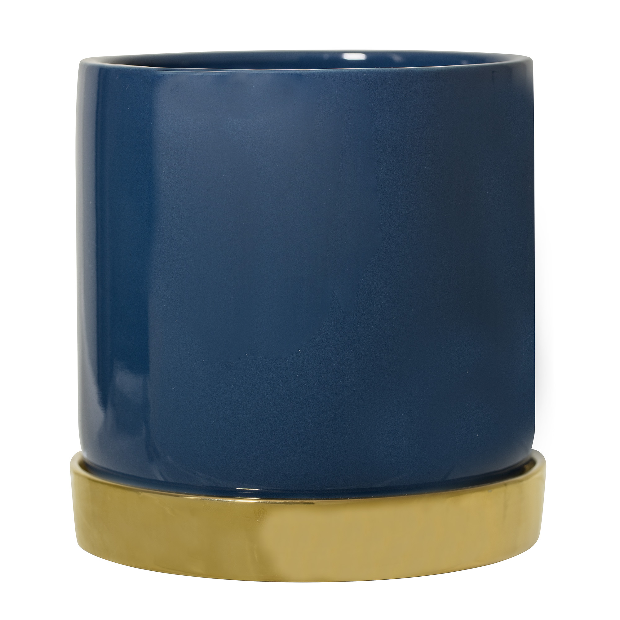 Blauer Keramik-Übertopf \'Adan\' mit goldenem Untersetzer von Bloomingville |  Urban Jungle